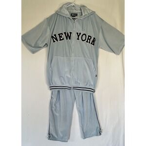 Vtg Delf New York USA Tracksuit Set Hoodie Pants Blue Large Men's Velour Y2K